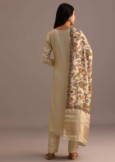 Beige Embroidered Kurti Pant Set With Kalamkari Printed Chanderi Dupatta