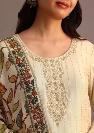 Beige Embroidered Kurti Pant Set With Kalamkari Printed Chanderi Dupatta