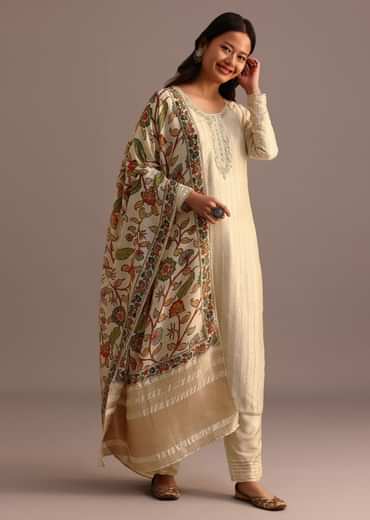 Beige Embroidered Kurti Pant Set With Kalamkari Printed Chanderi Dupatta