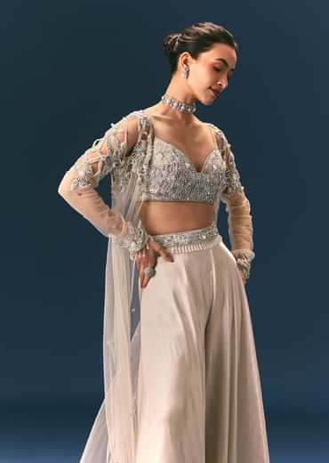 Beige Embroidered Organza Blouse With Circular Palazzo And Cutwork Jacket