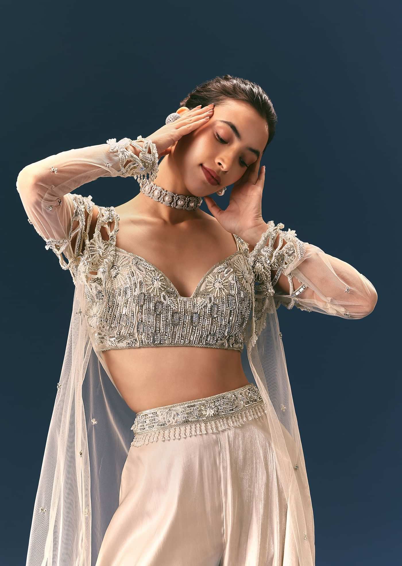 Beige Embroidered Organza Blouse With Circular Palazzo And Cutwork Jacket