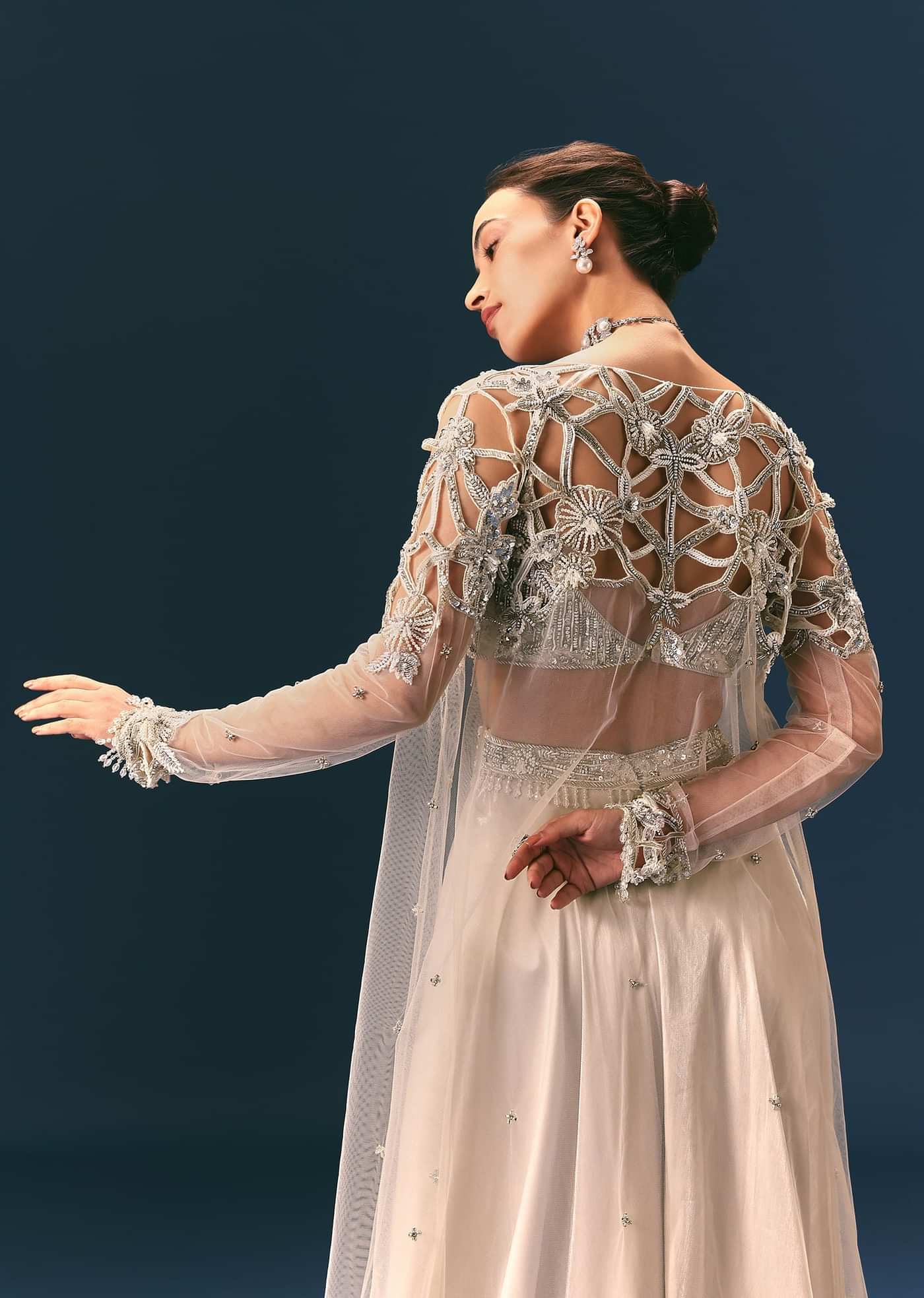 Beige Embroidered Organza Blouse With Circular Palazzo And Cutwork Jacket