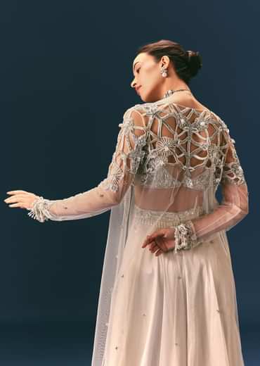 Beige Embroidered Organza Blouse With Circular Palazzo And Cutwork Jacket