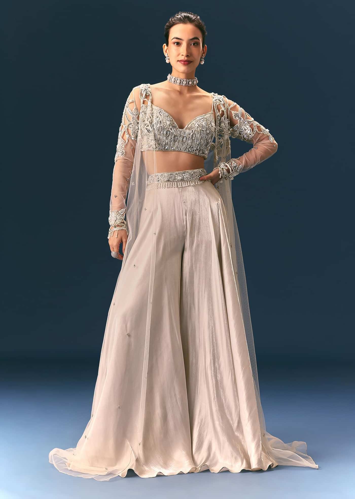 Beige Embroidered Organza Blouse With Circular Palazzo And Cutwork Jacket