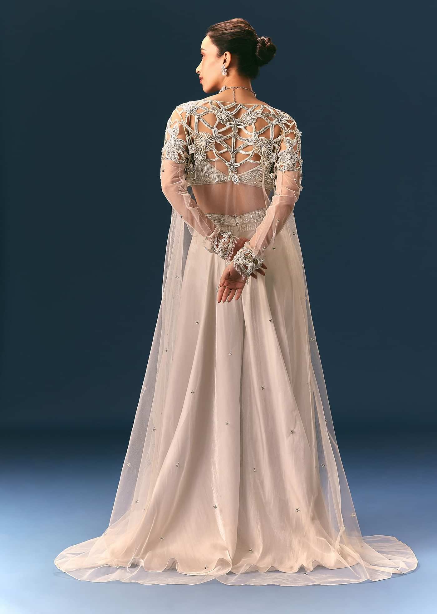 Beige Embroidered Organza Blouse With Circular Palazzo And Cutwork Jacket