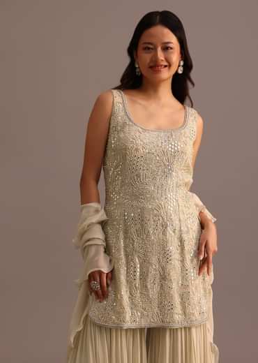 Beige Embroidered Sharara Set With Dupatta