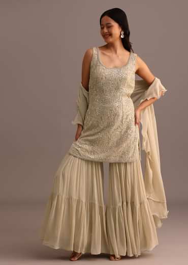 Beige Embroidered Sharara Set With Dupatta