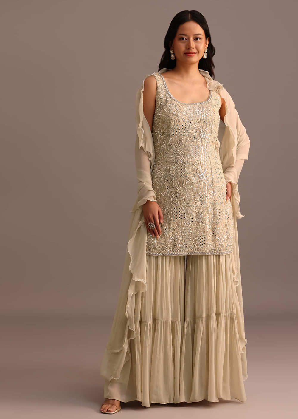 Beige Embroidered Sharara Set With Dupatta