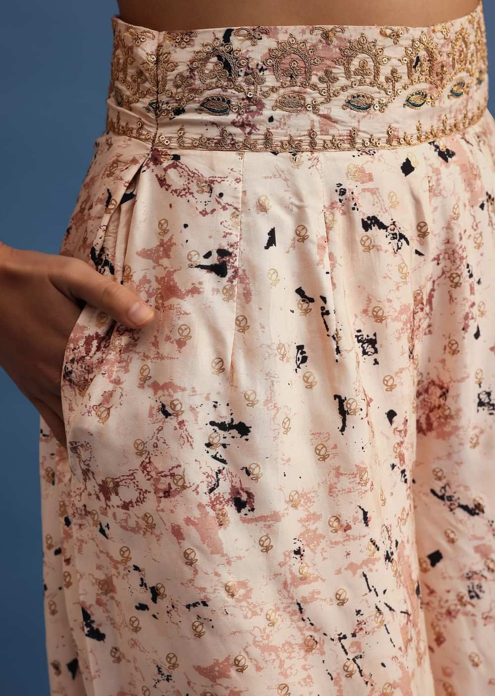 Beige Embroidered Silk Crop Top And Palazzo