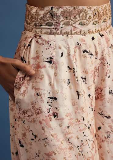 Beige Embroidered Silk Crop Top And Palazzo