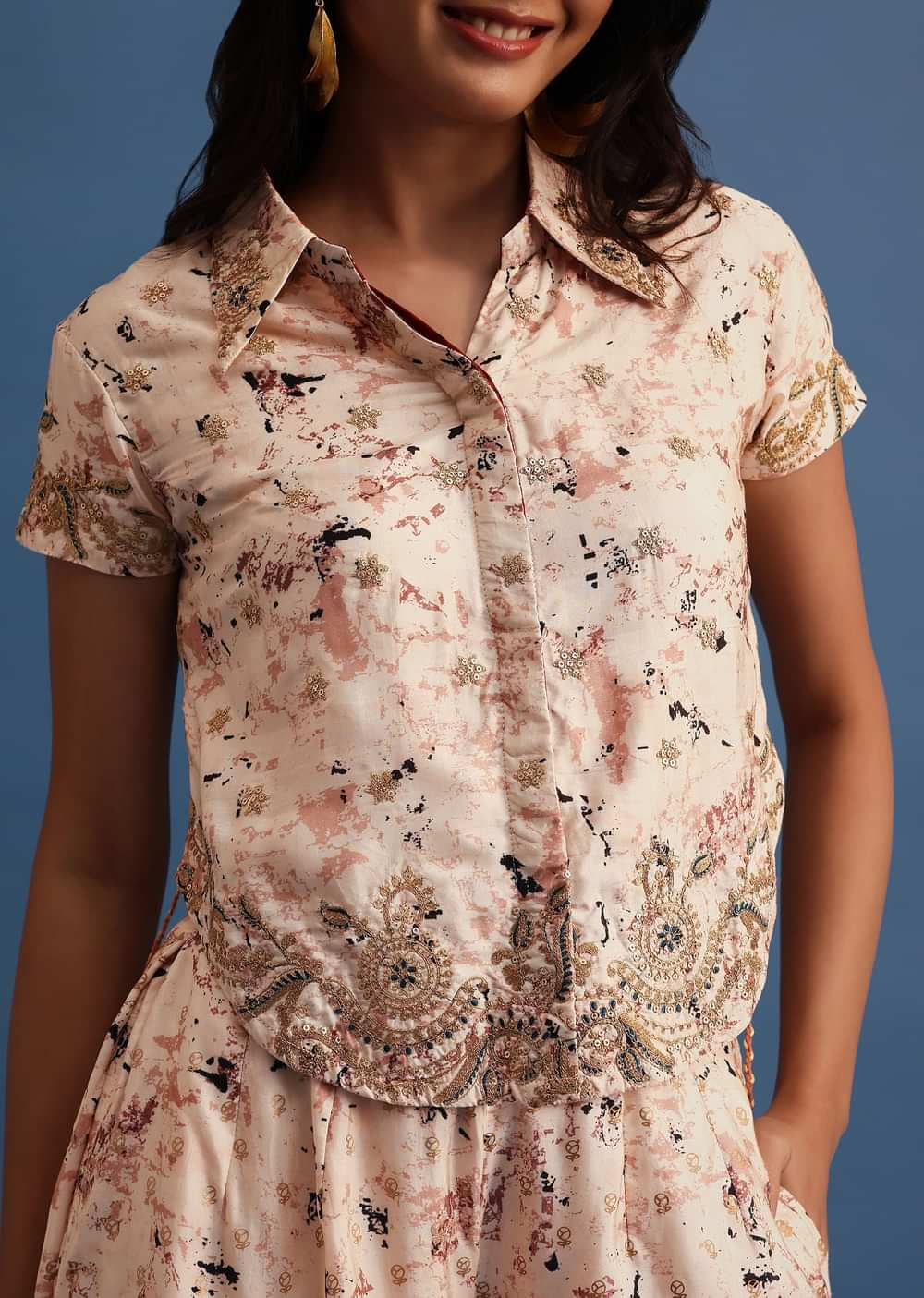 Beige Embroidered Silk Crop Top And Palazzo