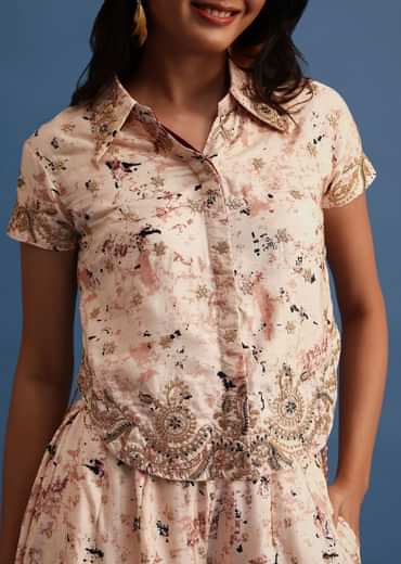 Beige Embroidered Silk Crop Top And Palazzo