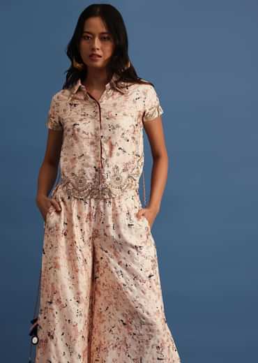 Beige Embroidered Silk Crop Top And Palazzo