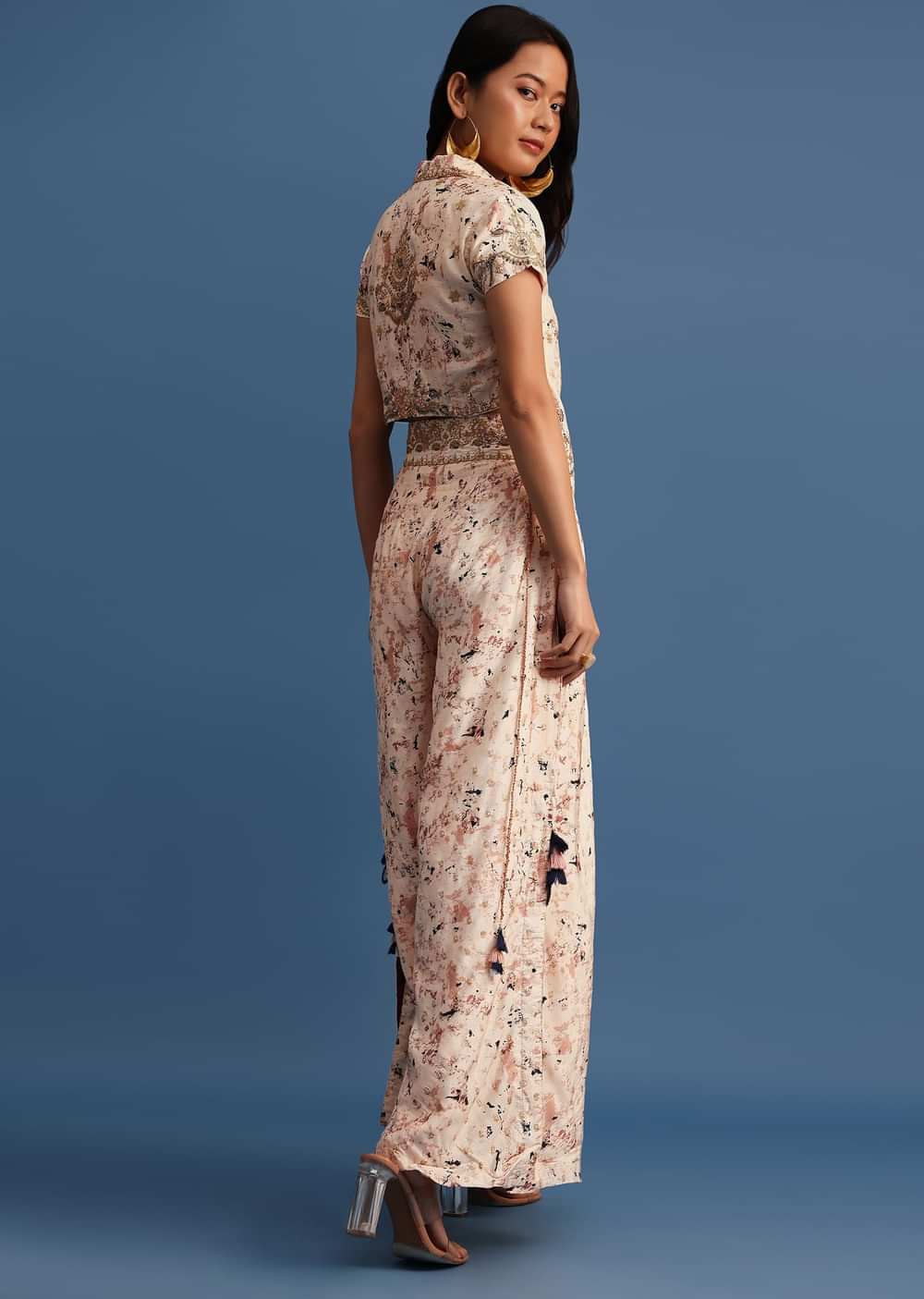 Beige Embroidered Silk Crop Top And Palazzo