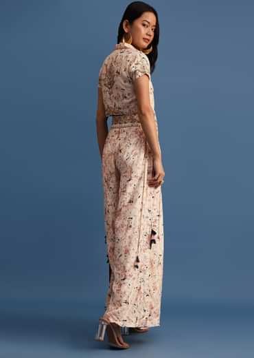 Beige Embroidered Silk Crop Top And Palazzo
