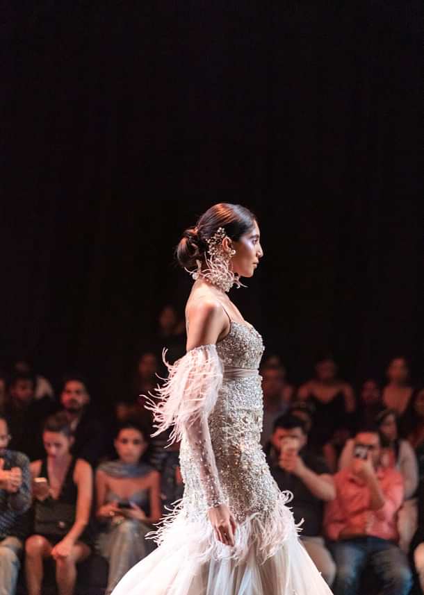 Beige Fish-Cut Gown With 3D Feathers And Floral Motif Embroidery