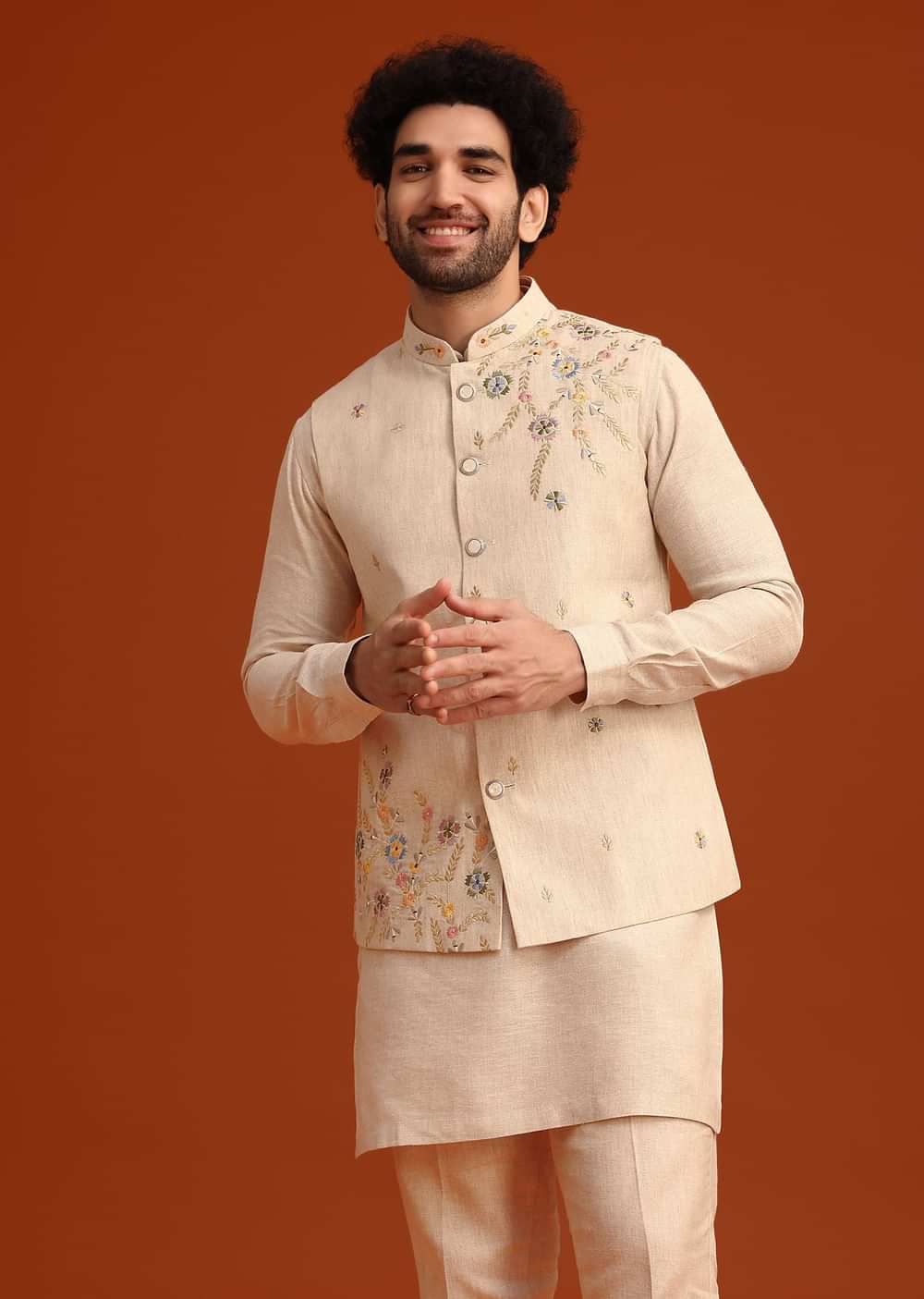 Beige Floral Hand Embroidered Kurta Jacket Set