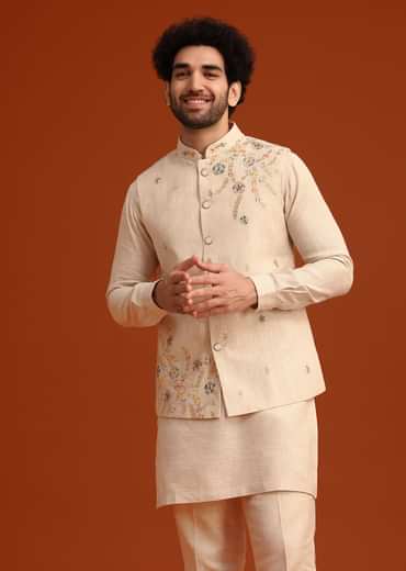 Beige Floral Hand Embroidered Kurta Jacket Set
