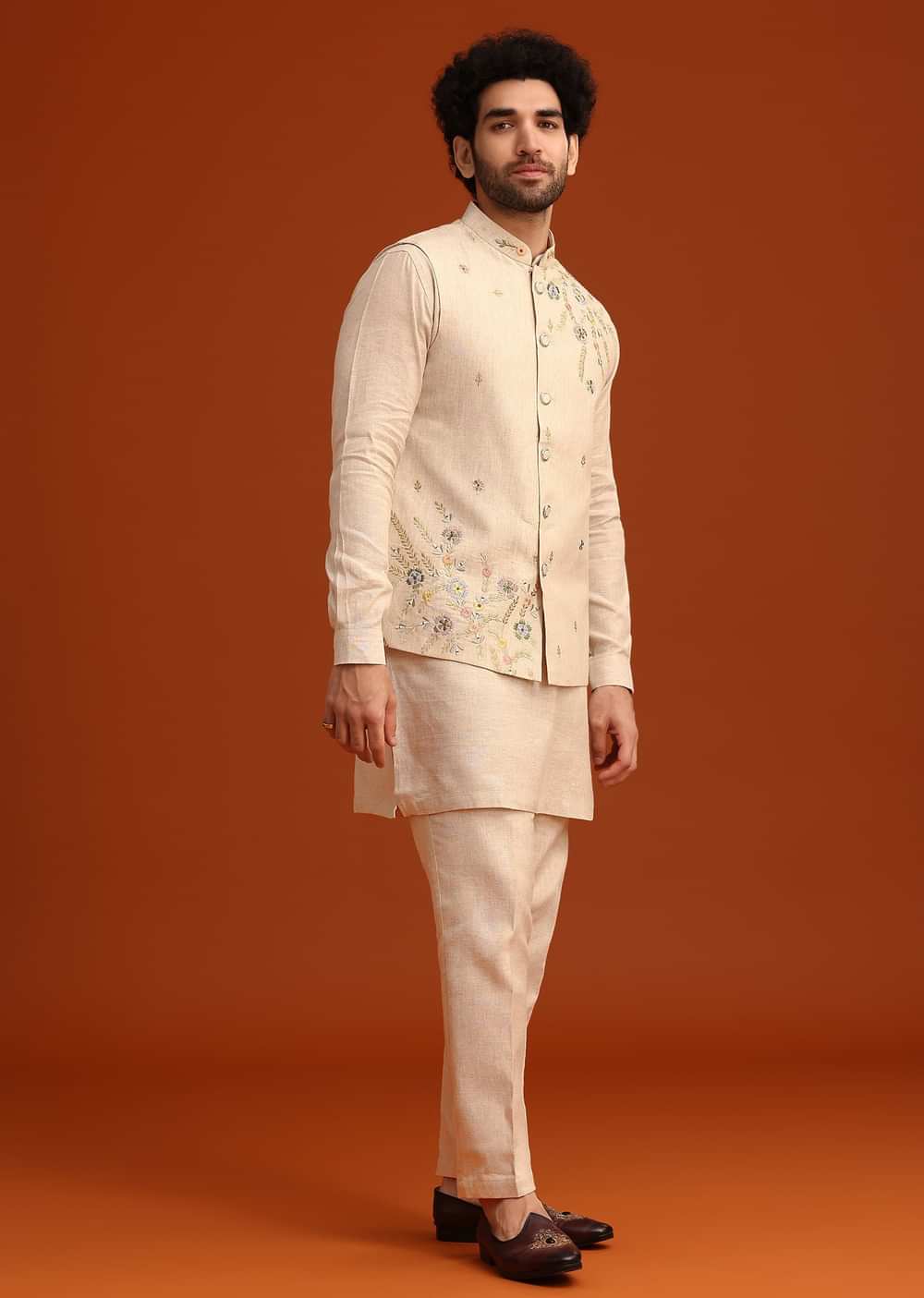 Beige Floral Hand Embroidered Kurta Jacket Set