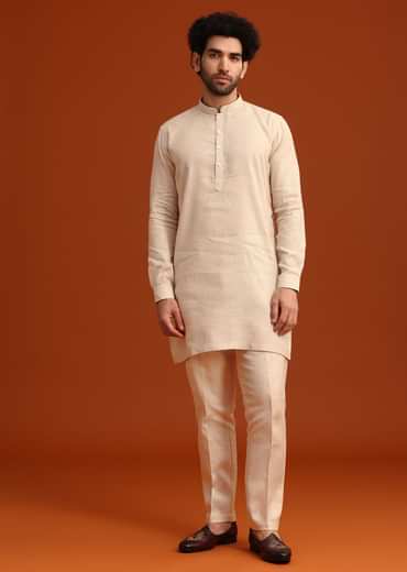 Beige Floral Hand Embroidered Kurta Jacket Set