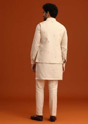 Beige Floral Hand Embroidered Kurta Jacket Set