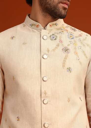 Beige Floral Hand Embroidered Kurta Jacket Set