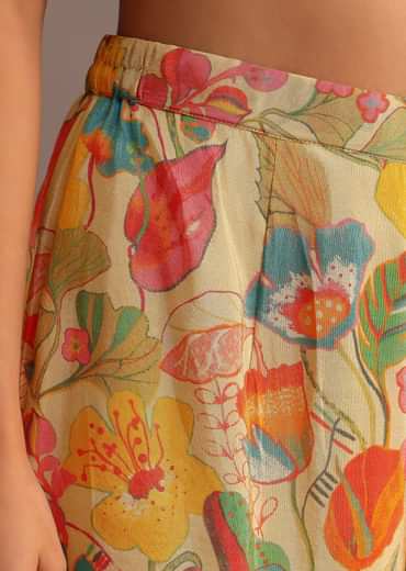 Beige Floral Printed Kurti Sharara Suit With Tissue Dupatta