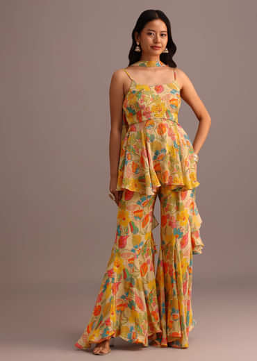 Beige Floral Printed Kurti Sharara Suit With Tissue Dupatta