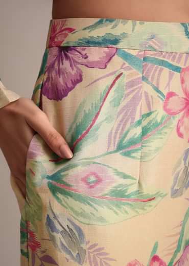 Beige Floral Printed Tissue Shirt Pant Set