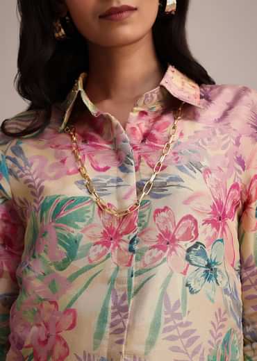 Beige Floral Printed Tissue Shirt Pant Set