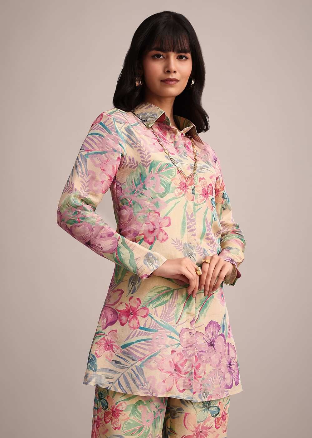 Beige Floral Printed Tissue Shirt Pant Set