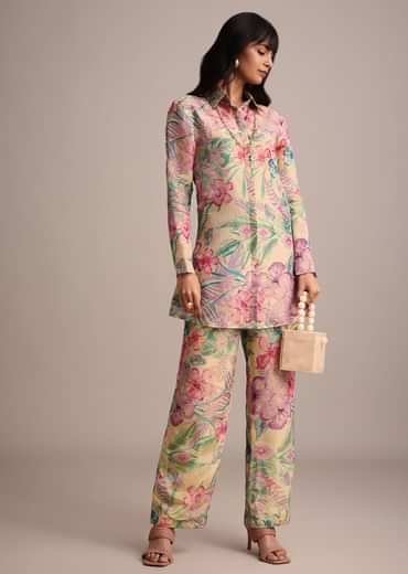 Beige Floral Printed Tissue Shirt Pant Set