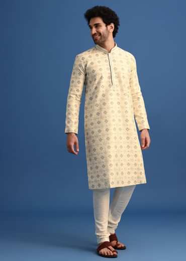 Beige Foil Print Kurta Set