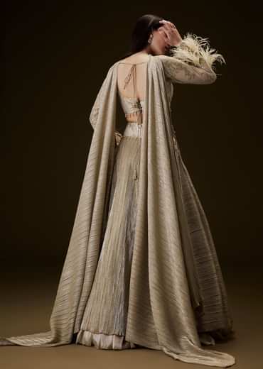 Beige Gold Crush Fabric Lehenga With Feather Sleeve Blouse