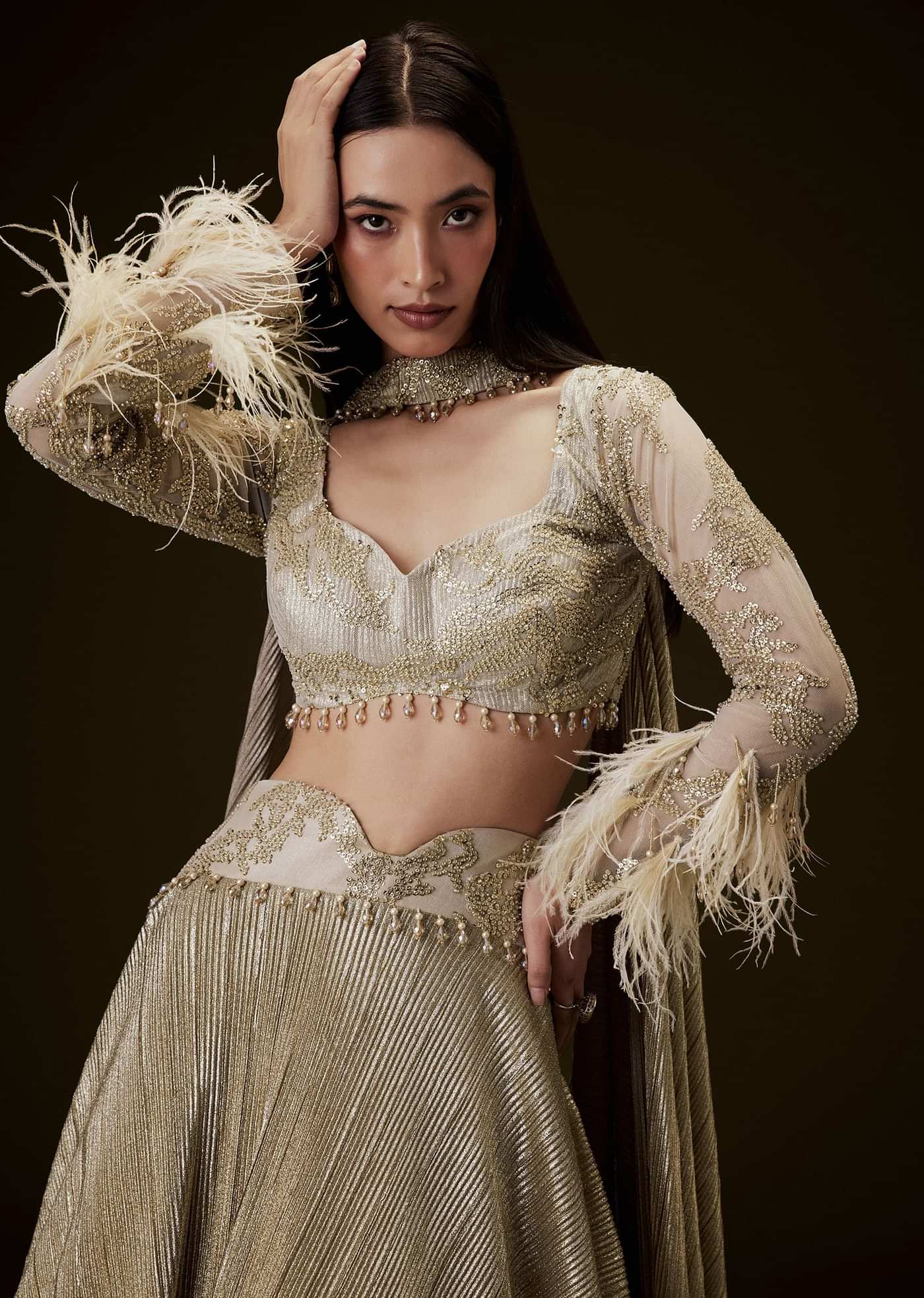 Beige Gold Crush Fabric Lehenga With Feather Sleeve Blouse