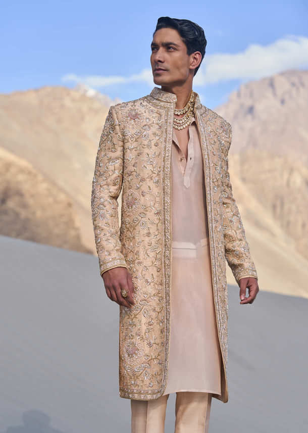 Beige Gold Zardosi Sherwani Set With Stole Dupatta