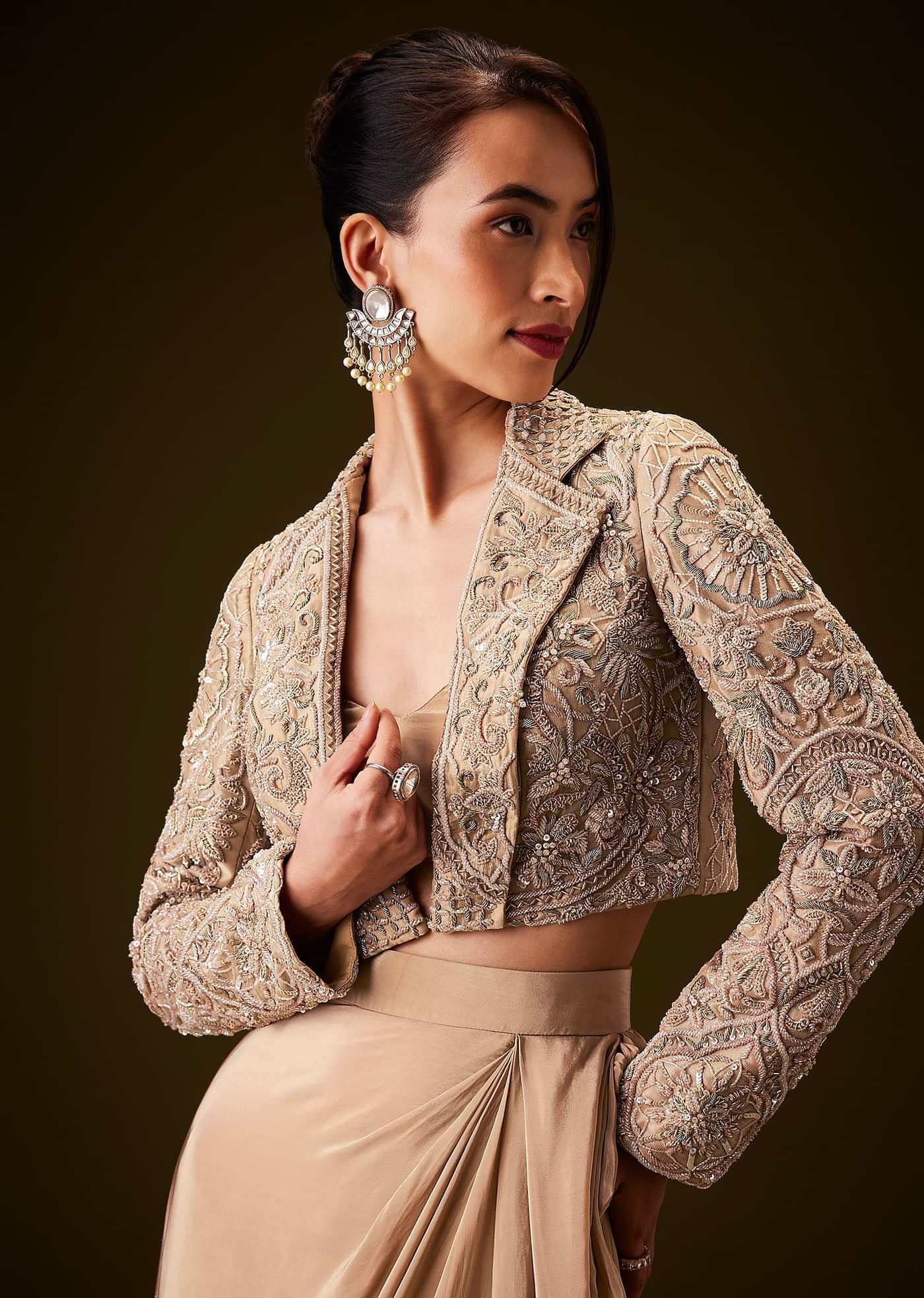 Beige Gold Zardozi Embroidered Jacket With Draped Skirt And Bustier