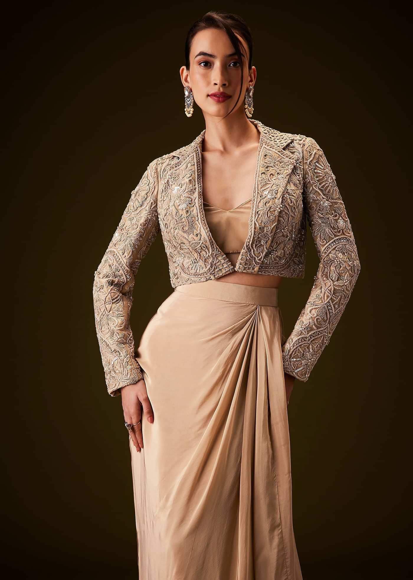 Beige Gold Zardozi Embroidered Jacket With Draped Skirt And Bustier