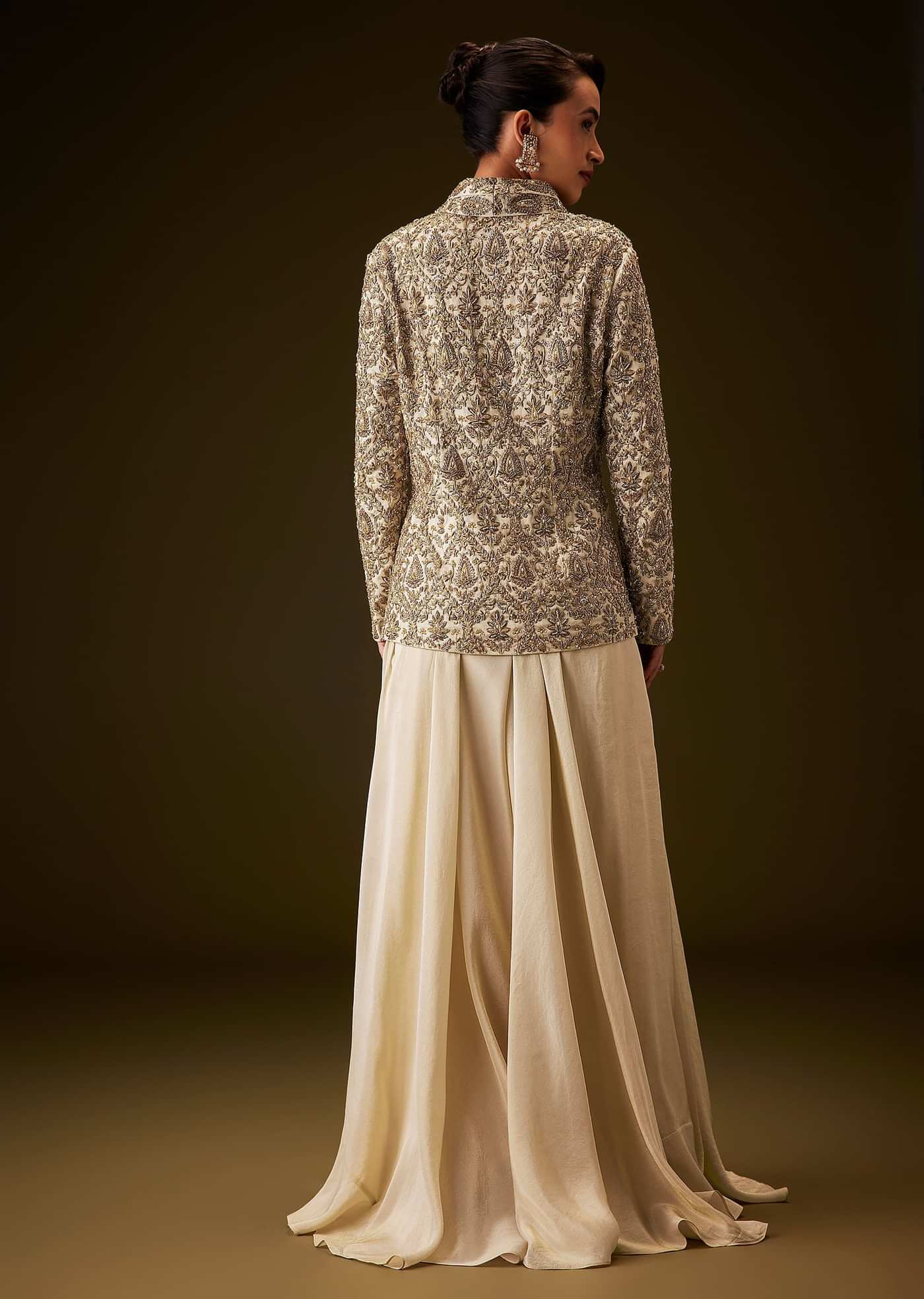 Beige Gold Zardozi Embroidered Peplum Jacket With Palazzo