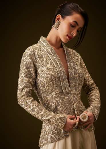 Beige Gold Zardozi Embroidered Peplum Jacket With Palazzo