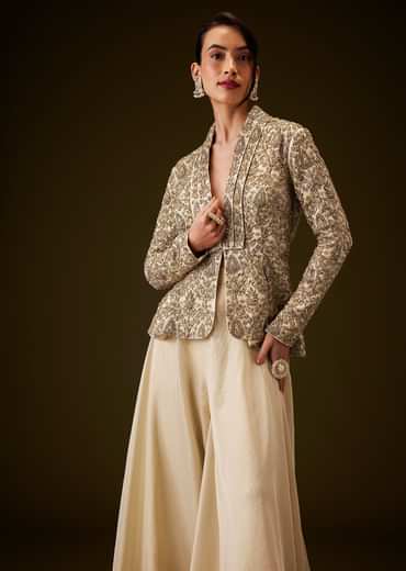 Beige Gold Zardozi Embroidered Peplum Jacket With Palazzo