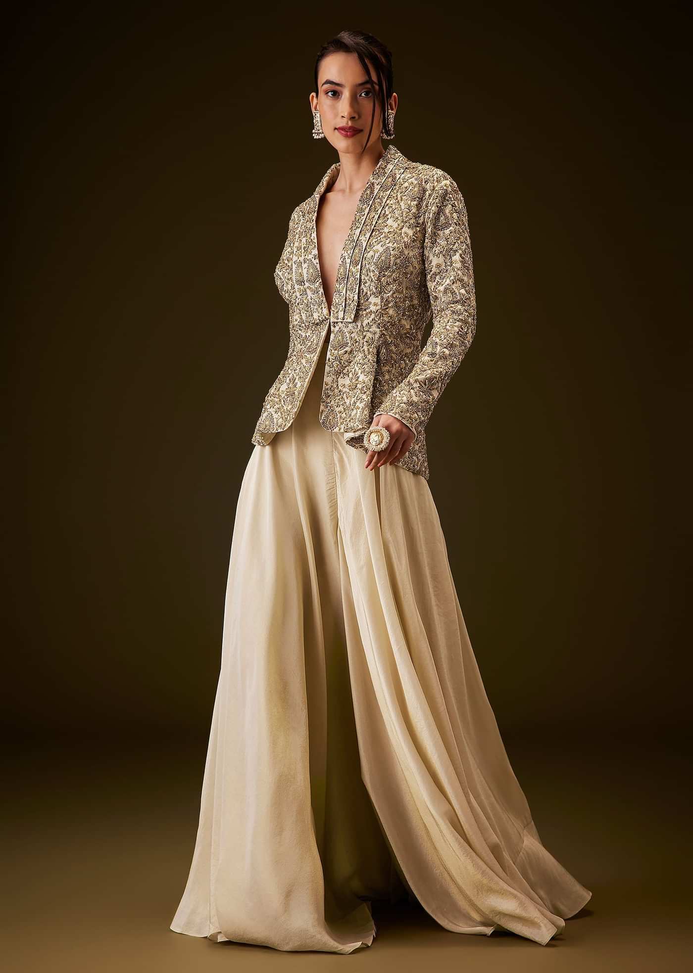 Beige Gold Zardozi Embroidered Peplum Jacket With Palazzo