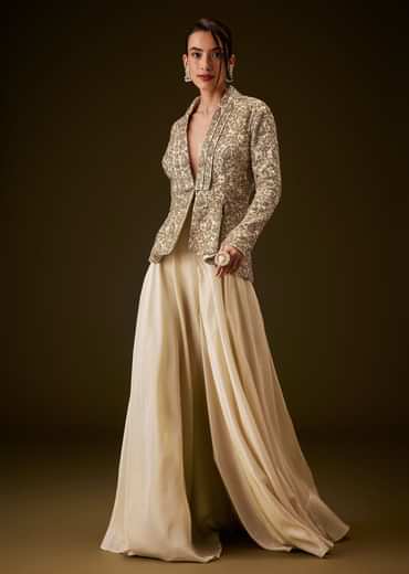 Beige Gold Zardozi Embroidered Peplum Jacket With Palazzo