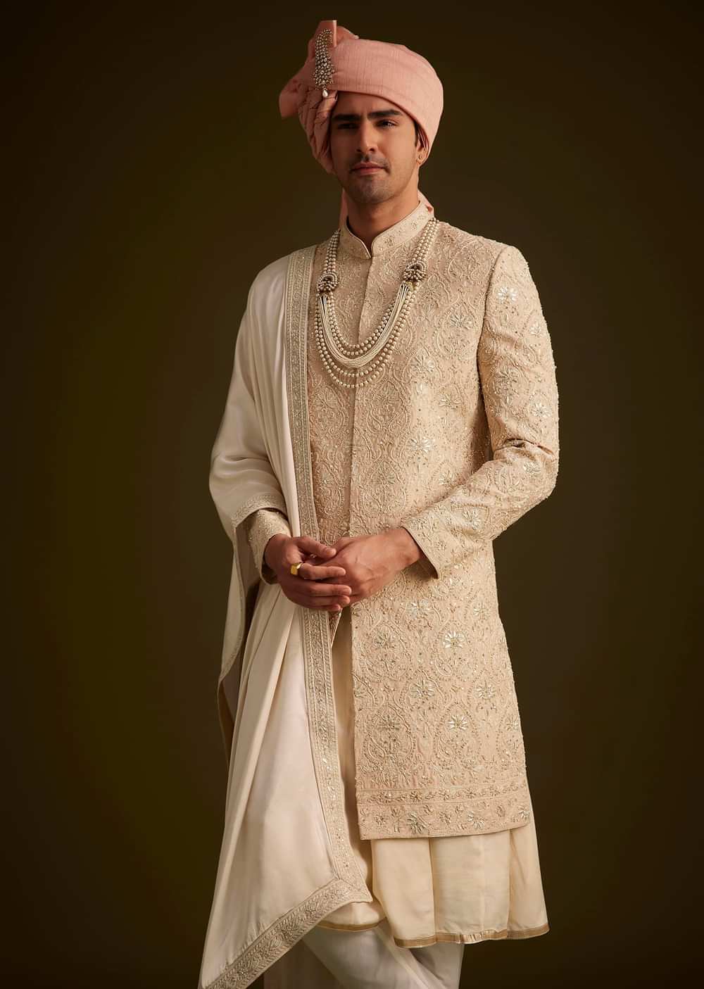 Beige Gotta Work Embroidered Sherwani And Matching Dupatta