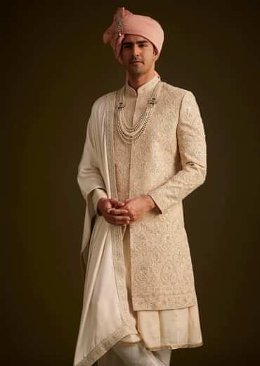 Beige Gotta Work Embroidered Sherwani And Matching Dupatta