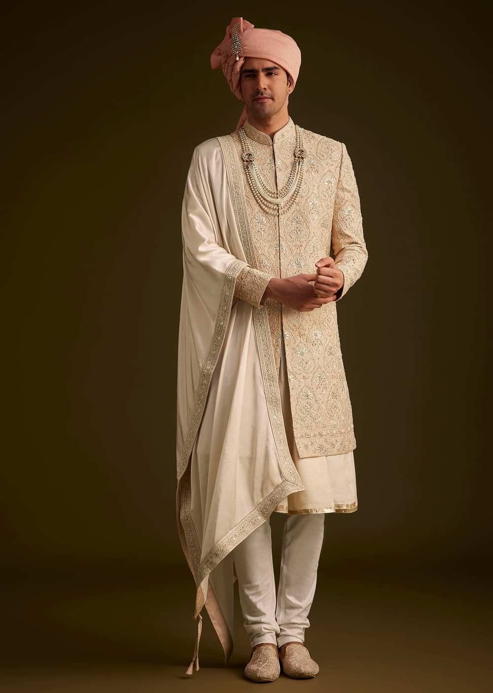 Beige Gotta Work Embroidered Sherwani And Matching Dupatta