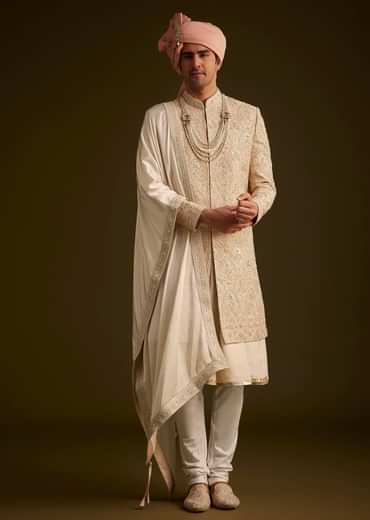 Beige Gotta Work Embroidered Sherwani And Matching Dupatta