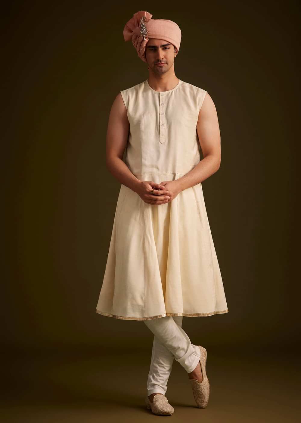 Beige Gotta Work Embroidered Sherwani And Matching Dupatta