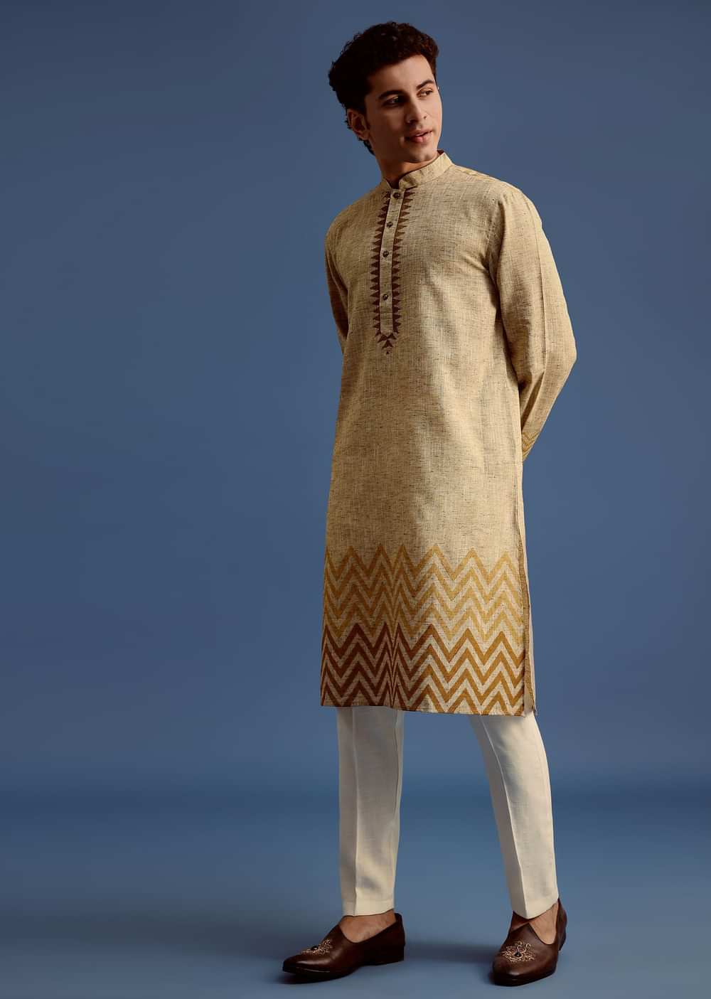Beige Hand Block Printed Kurta Set With Zari Work