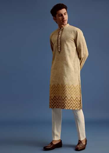 Beige Hand Block Printed Kurta Set With Zari Work
